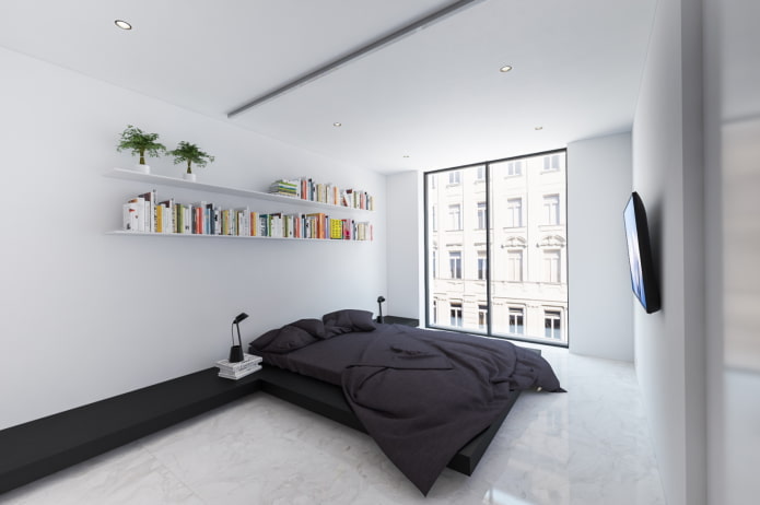 interno di una camera da letto in bianco e nero in stile minimalista