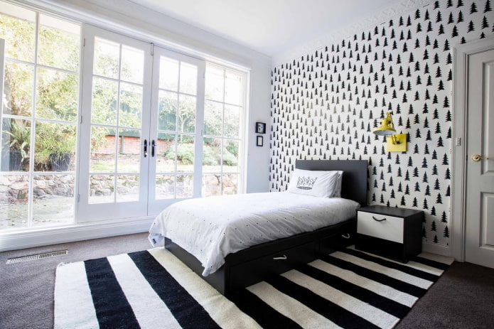 tessuti per l'arredamento della camera da letto nei toni del bianco e del nero