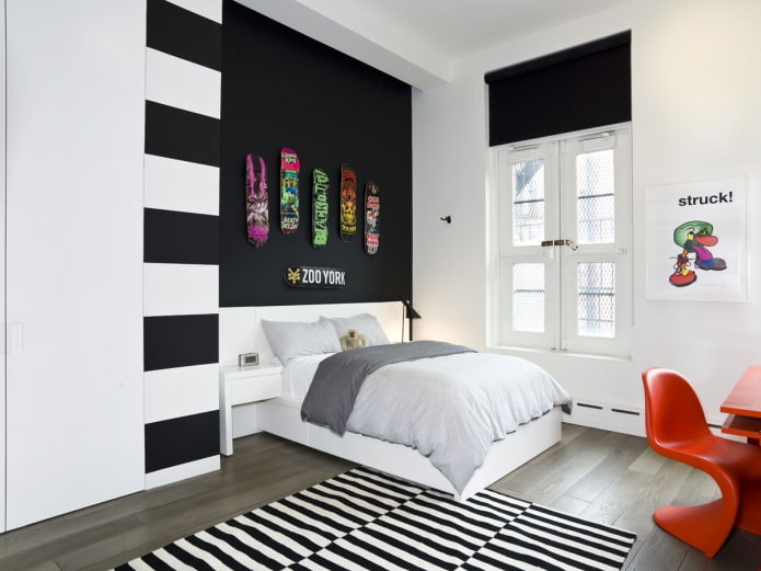 design degli interni della camera da letto in bianco e nero