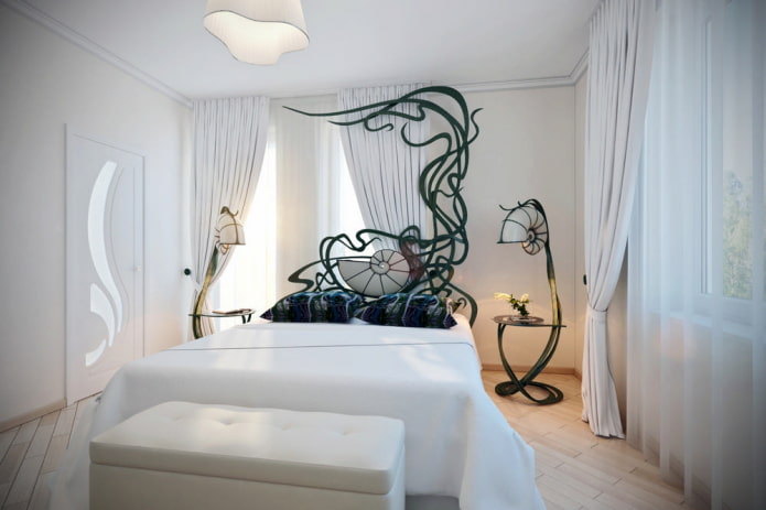 interno di una camera da letto in bianco e nero in stile Art Nouveau