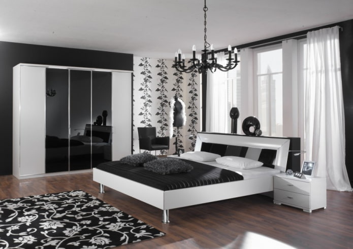 mobili nell'interno della camera da letto nei toni del bianco e del nero