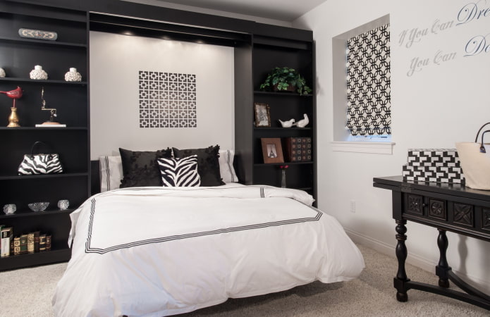mobili per l'interno della camera da letto nei toni del bianco e del nero