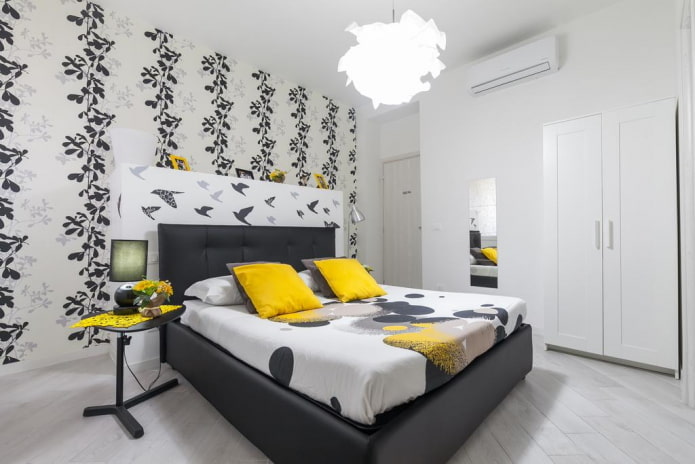 design degli interni della camera da letto in bianco e nero