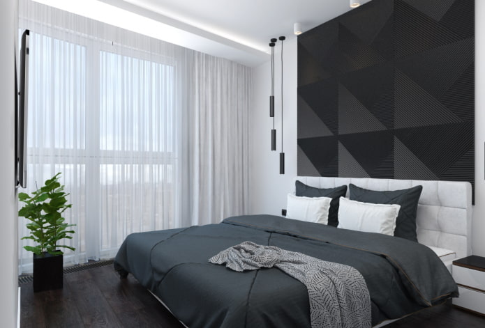 interno di una camera da letto in bianco e nero in stile moderno