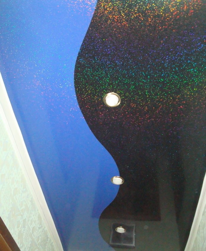 tessuto elasticizzato nero e blu con glitter