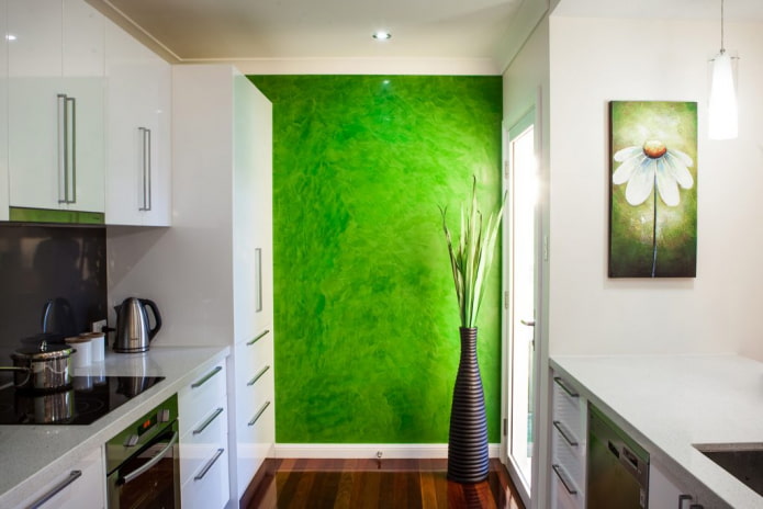 intonaco verde nell'interno della cucina