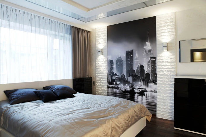carta da parati fotografica con l'immagine di una metropoli sul muro della camera da letto 