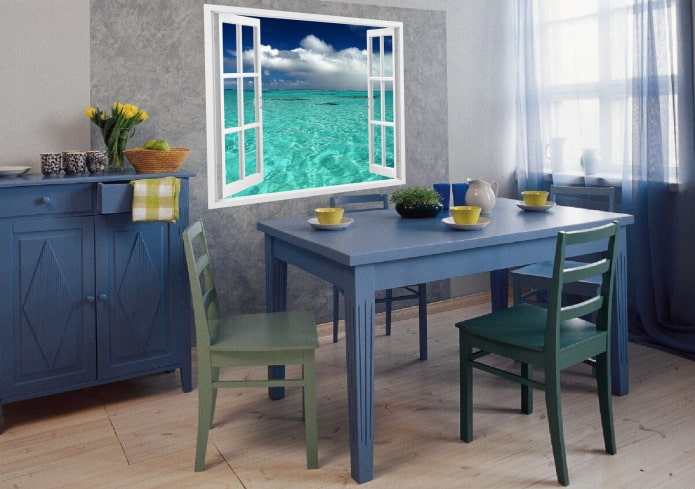 tavolo in legno blu all'interno