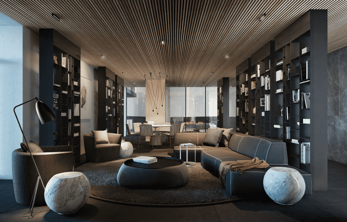 soffitto a doghe di legno nel soggiorno