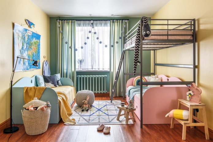 mobili all'interno di una camera da letto per bambini di sesso diverso