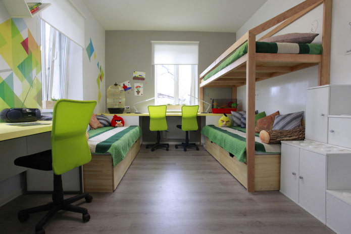 interno di una camera da letto per tre ragazzi
