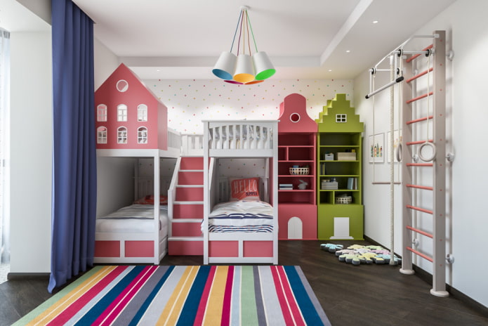 design della camera da letto per tre bambini