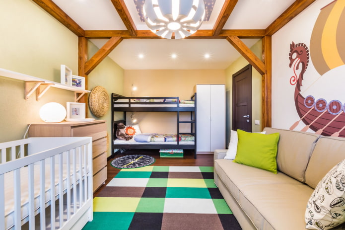 progetto di camera da letto per tre bambini di età diverse