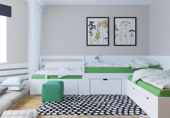 Progetto per una camera da letto per tre bambini di età diverse
