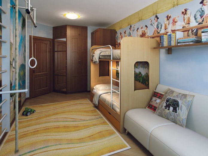 progetto di camera da letto per tre bambini di età diverse