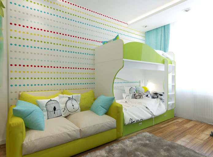 progetto di camera da letto per tre bambini di età diverse