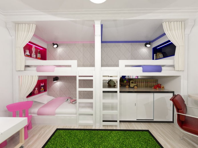 design della stanza per tre bambini di sesso diverso