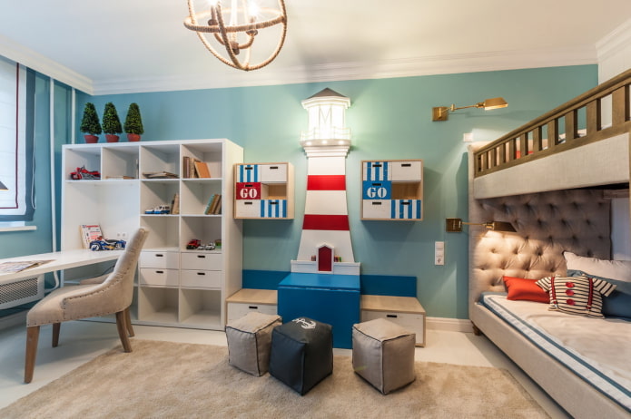 decorazioni e tessuti per l'interno di una cameretta per bambini in stile marino