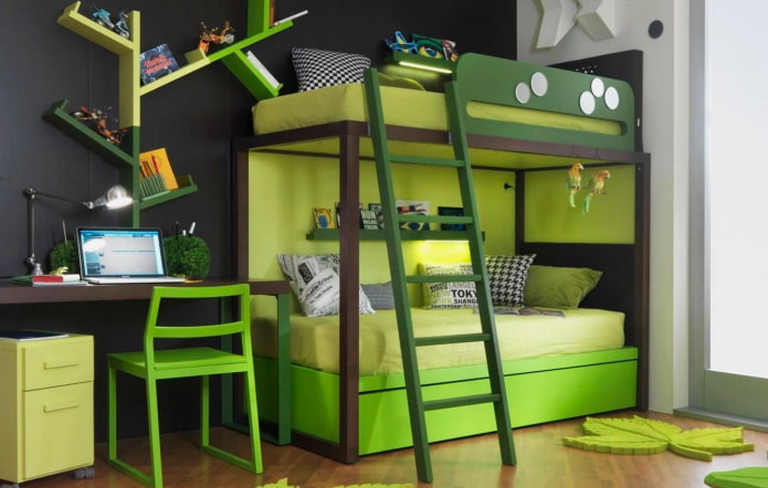 letto a castello verde chiaro in una cameretta per bambini