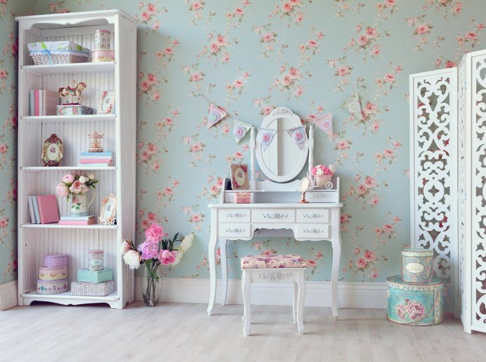 delicata carta da parati turchese con rose in stile shabby chic
