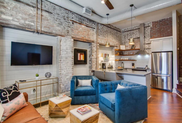 cucina-soggiorno di 17 metri quadrati in stile loft