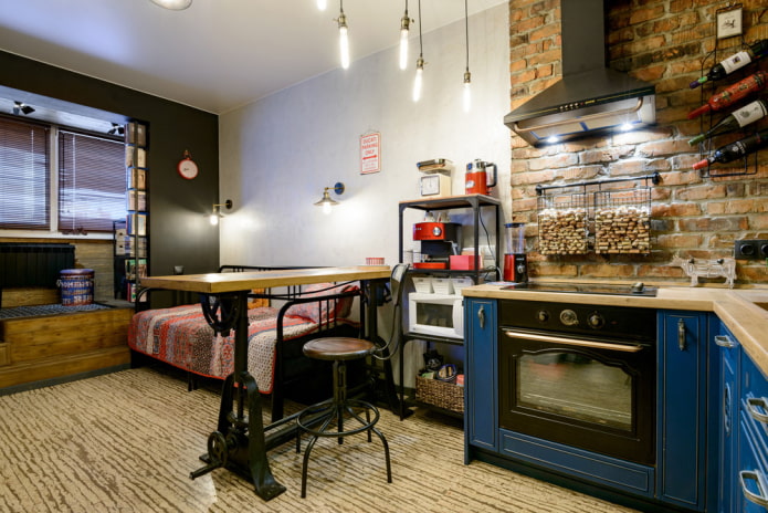 cucina-soggiorno di 17 metri quadrati in stile loft