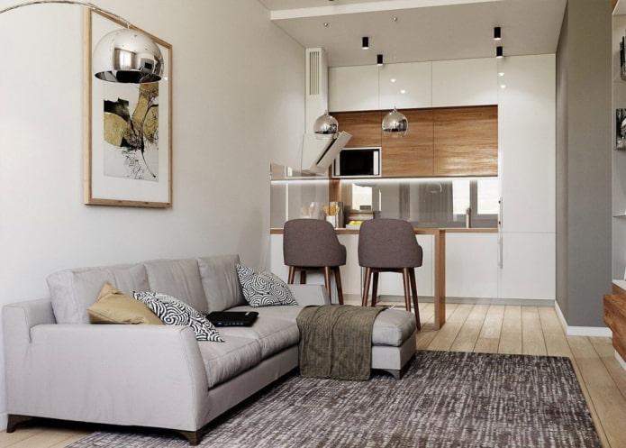 cucina-soggiorno di 17 metri quadrati in stile scandinavo