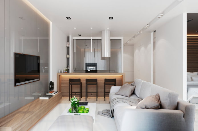 cucina-soggiorno rettangolare di 20 metri quadrati