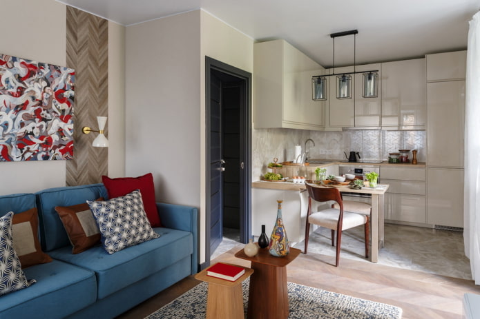 cucina-soggiorno rettangolare di 20 metri quadrati