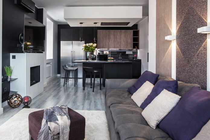 cucina-soggiorno rettangolare di 20 metri quadrati