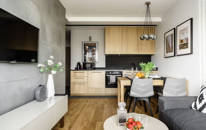 disposizione di una cucina-soggiorno con una superficie di 20 metri quadrati