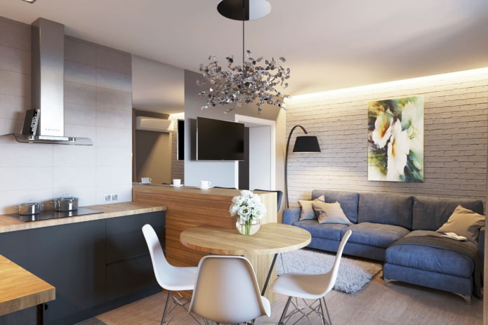 disposizione di una cucina-soggiorno con una superficie di 20 metri quadrati