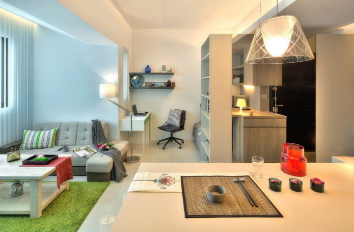 progettazione di una cucina-soggiorno con studio