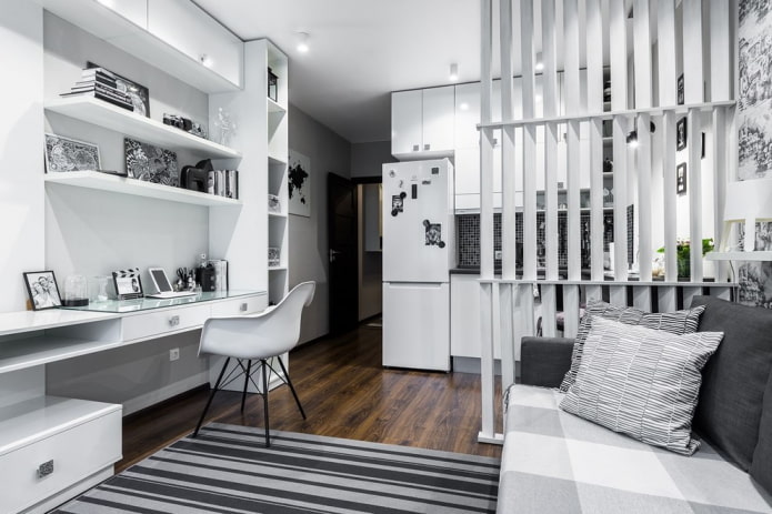 progettazione di una cucina-soggiorno con studio