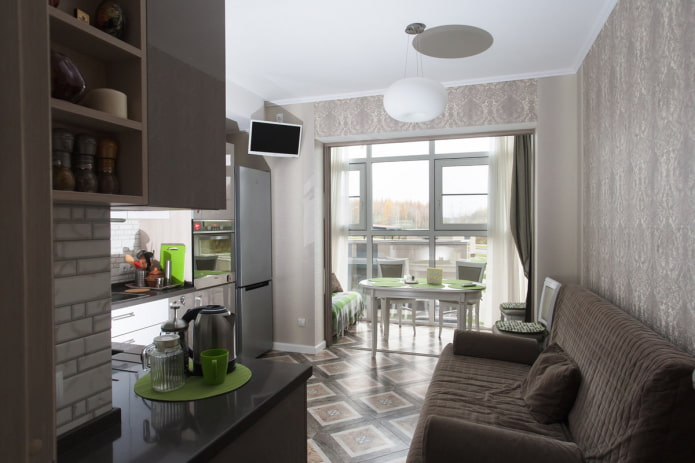 mobili all'interno di una cucina combinata con una loggia