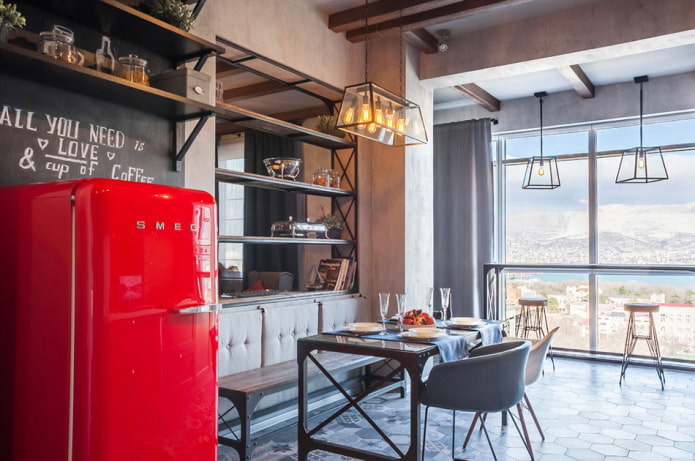 progetto di una cucina combinata con una loggia in stile loft