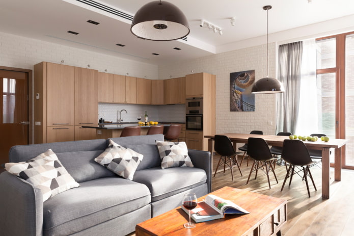 design degli interni della cucina con soggiorno e sala da pranzo