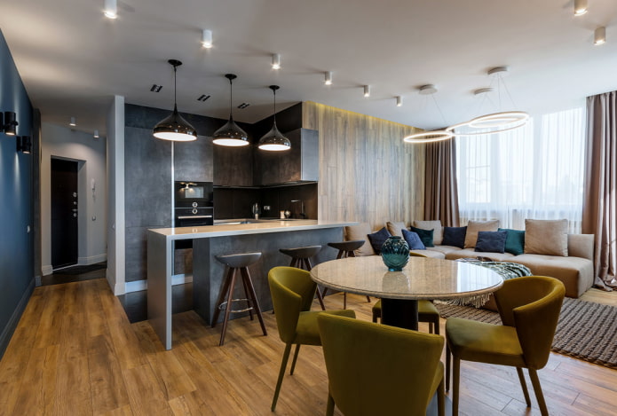 progettazione degli interni della cucina con soggiorno e sala da pranzo
