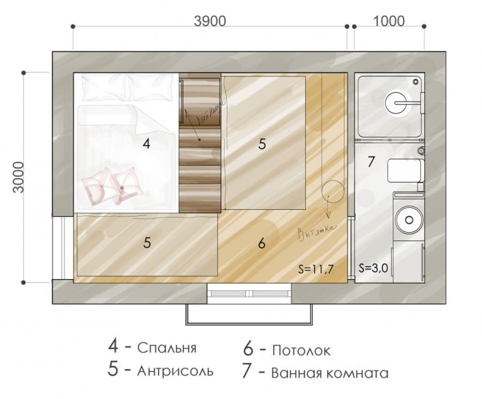 Disposizione di un appartamento di 15 mq.