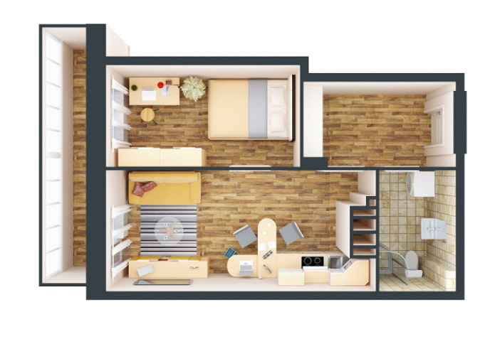 Monolocale con cucina e camera da letto