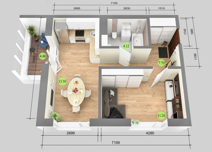 Diagramma di un appartamento di 38 mq con metraggio
