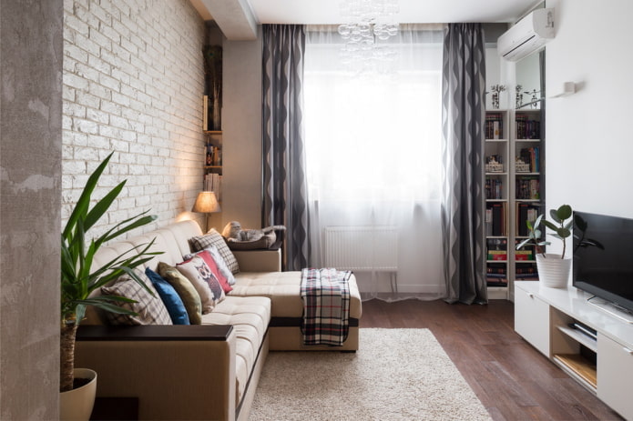 design del soggiorno all'interno di un appartamento di 45 metri quadrati