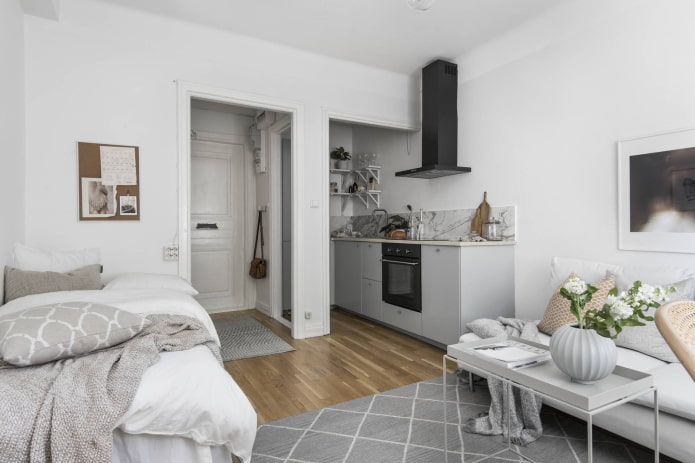 interno di un monolocale in stile scandinavo