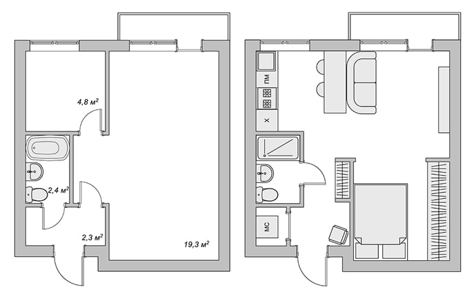 disposizione monolocale 29 mq.