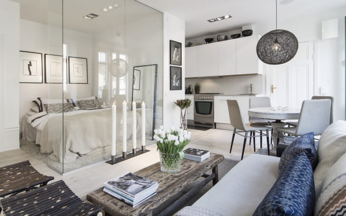 interno di un monolocale in stile scandinavo