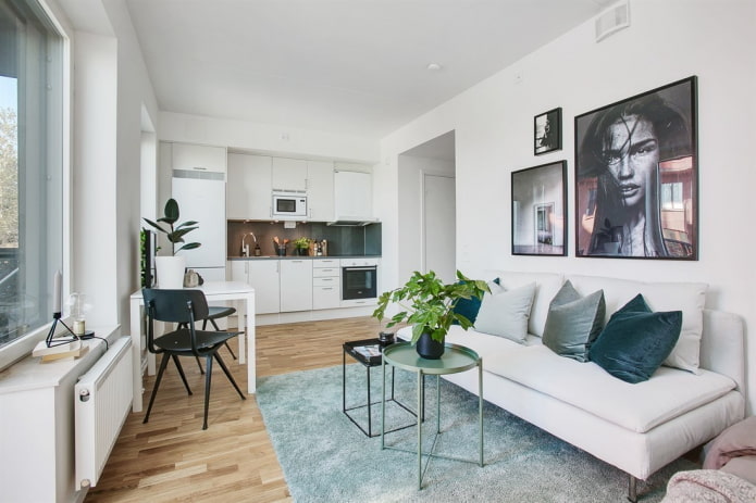 interno di un monolocale in stile scandinavo