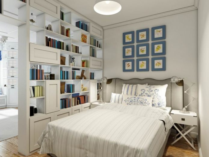 camera da letto dietro gli scaffali