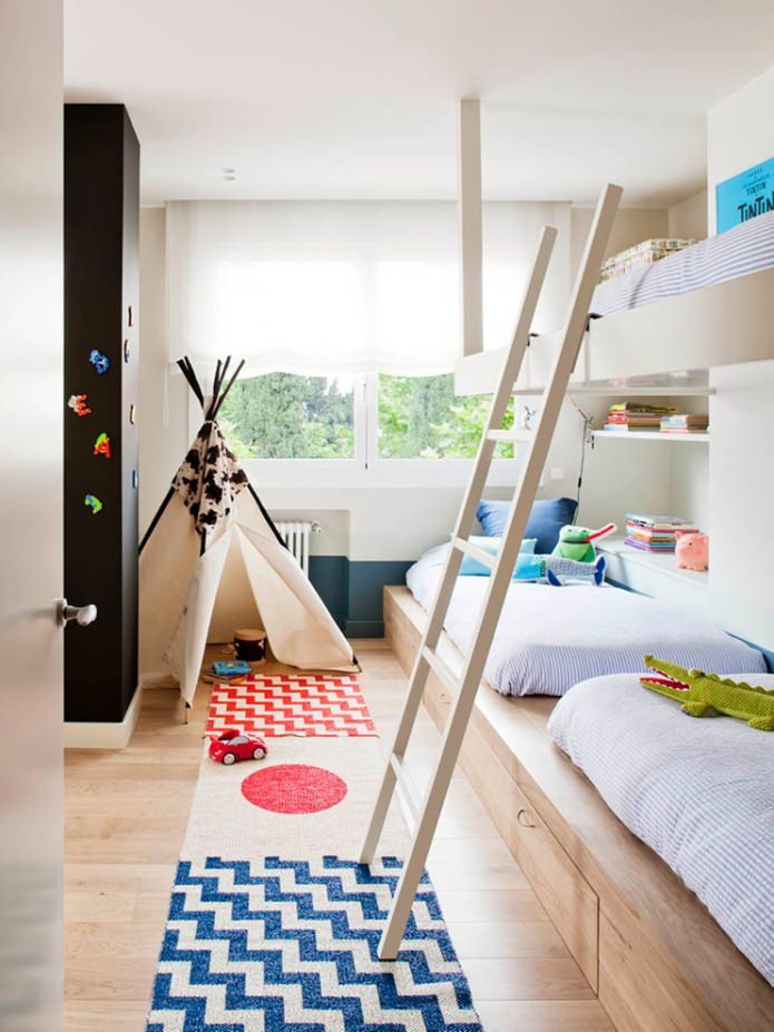 cameretta per tre bambini in stile scandinavo