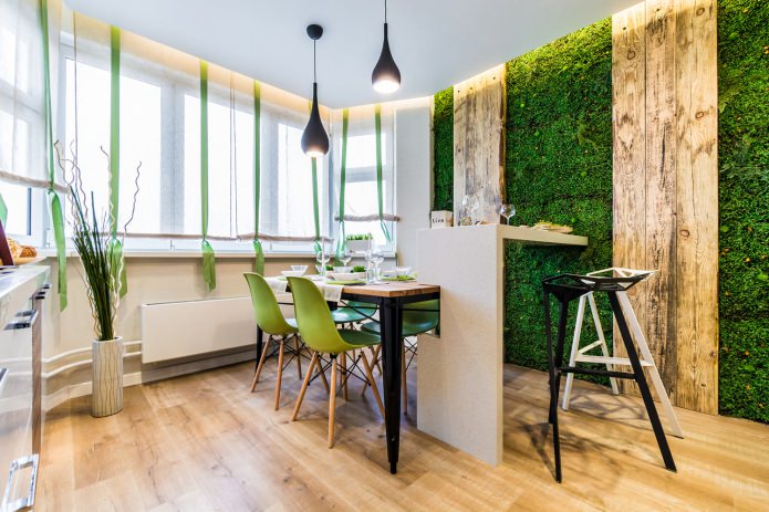 Cucina-sala da pranzo in stile eco con bancone bar