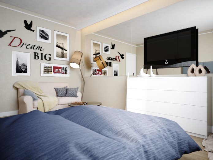 Soggiorno-camera da letto nel progetto di un appartamento di 38 mq.
